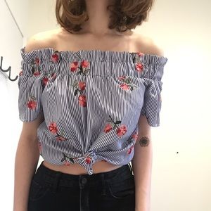 Pinstripe & floral off the shoulder top